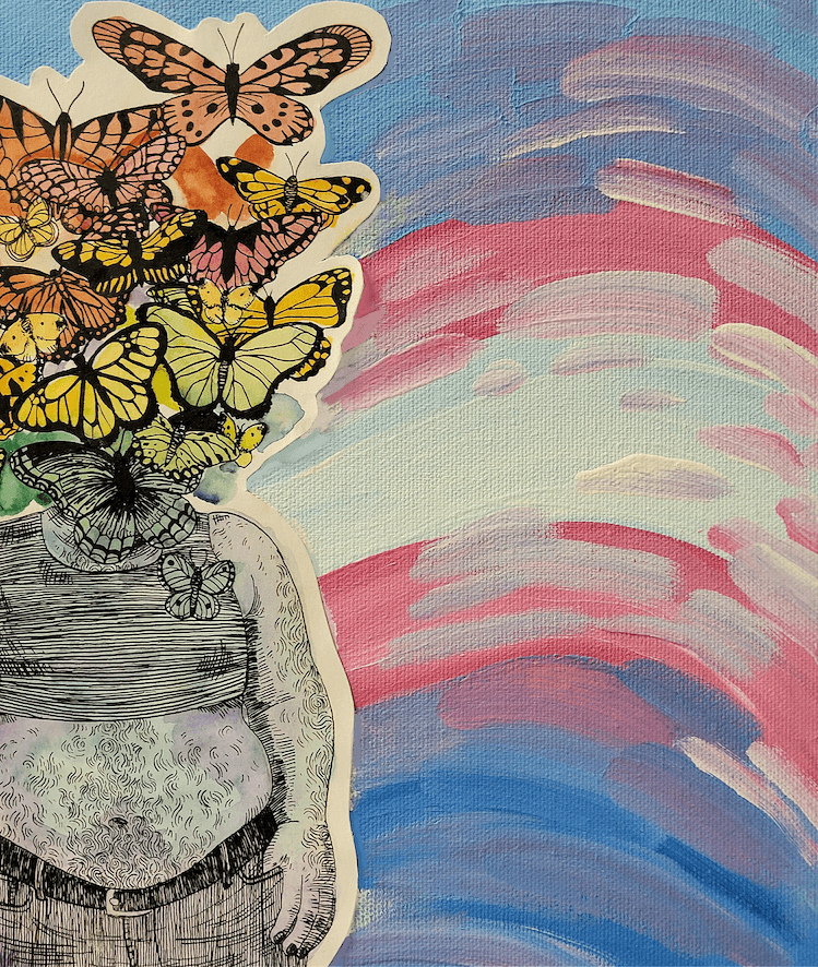 A fat trans man stands casually, his left hand by his side, his thumb in his jeans pocket. His right arm and part of his right side are cut off from view. He stands shirtless, dressed in a half chest binder and jeans with a belt. His face is obscured by kaleidoscope of butterflies. The butterflies and man are painted in a rainbow watercolor gradient from top to bottom with a white border. The background is a stylized transgender pride flag.